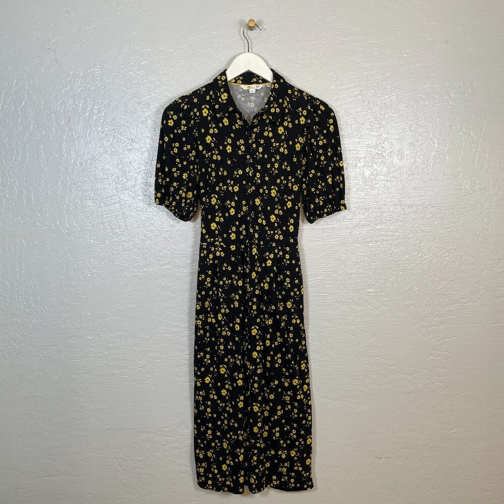 Boden Women 6 Black Yellow Floral Puff Sleeve Jersey Shirt Dress Belted Pockets